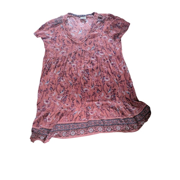 Knox Rose Pink Floral Boho Babydoll Dress Short Sleeve V-Neck Tiered Mini Size M - Picture 2 of 4